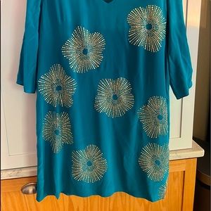 Trina Turk Glitterati shift dress in Teal and Gold. Size 14. Worn once.